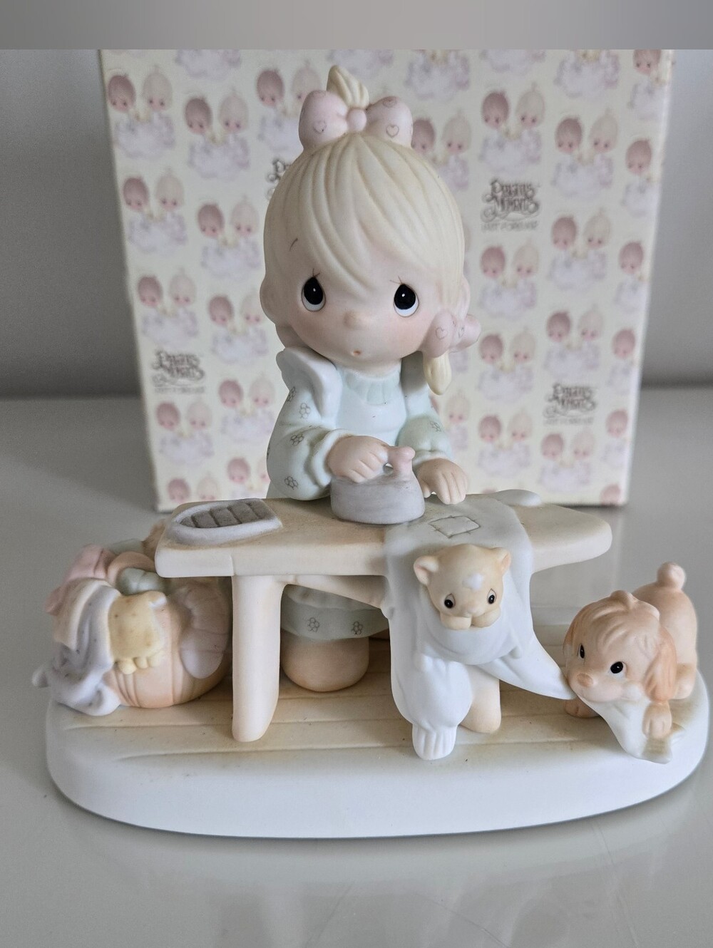VTG 1982 Precious Moments Press On #E-9265 Girl Ironing Clothes PUPPIES
